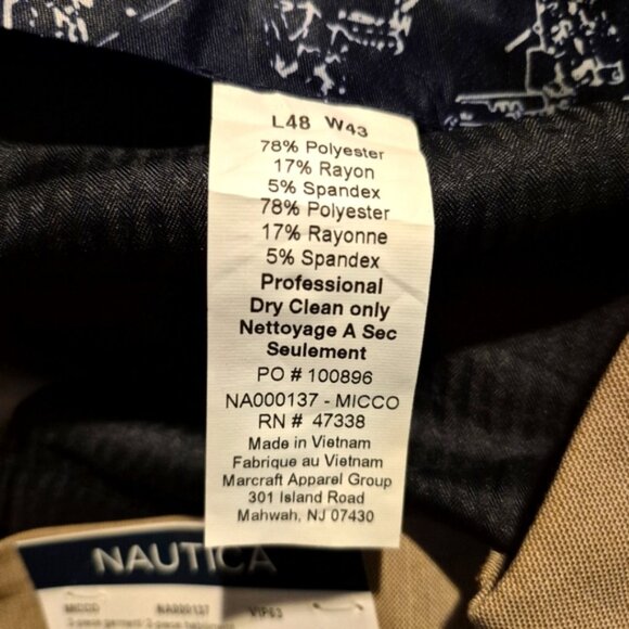 Nautica men's size 43 x 48 TAG ERROR beige flat front dress pants, raw hem, NWT - Picture 9 of 9